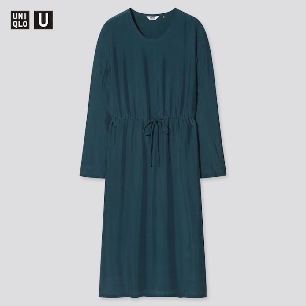 DARK GREEN SHINY RAYON LONG-SLEEVE DRESS